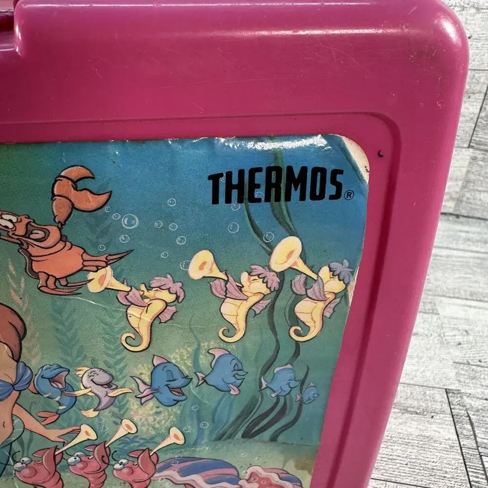 Vintage 90s Disney Little Mermaid Lunchbox Thermos Pink Ariel Flounder USA Case